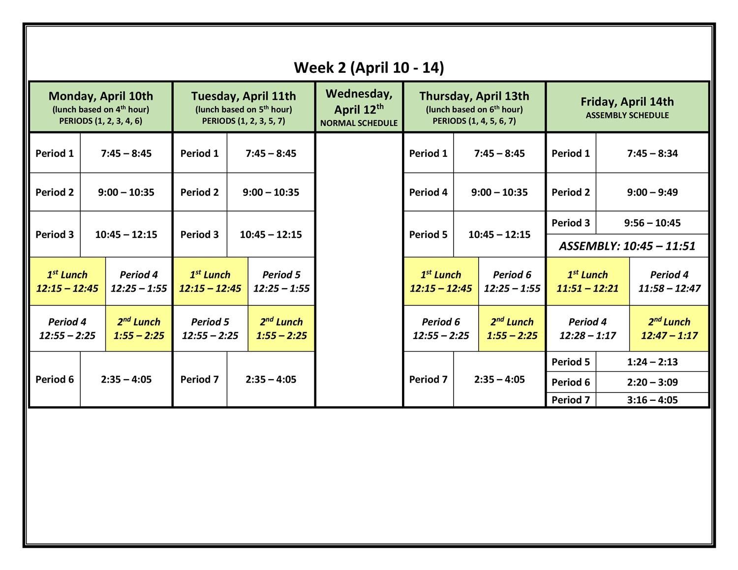 Testing Schedule / Testing Calendar